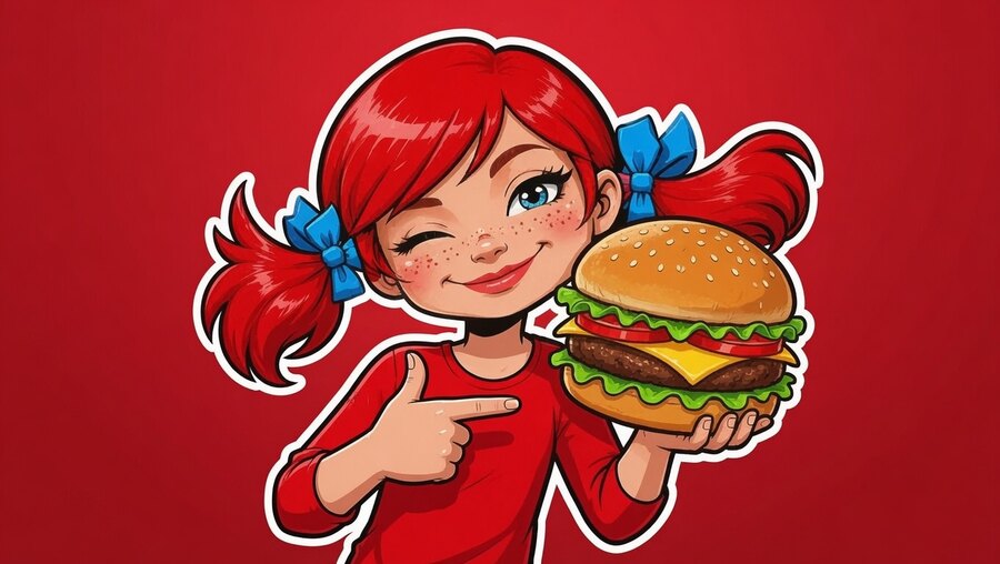 Wendy mascot holding a burger — $NOW